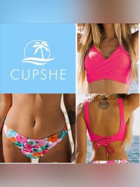 CUPSHE Bikini Top Wrap Self Tie  w/Fixed Wide Straps  & Bottoms Set .   Size S